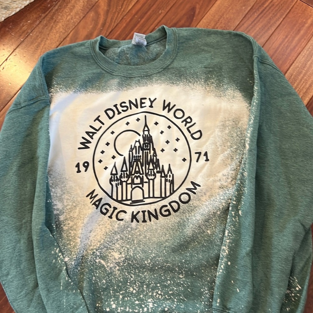 50th Anniversary Disney Sweatshirt. Teal with bleach die.